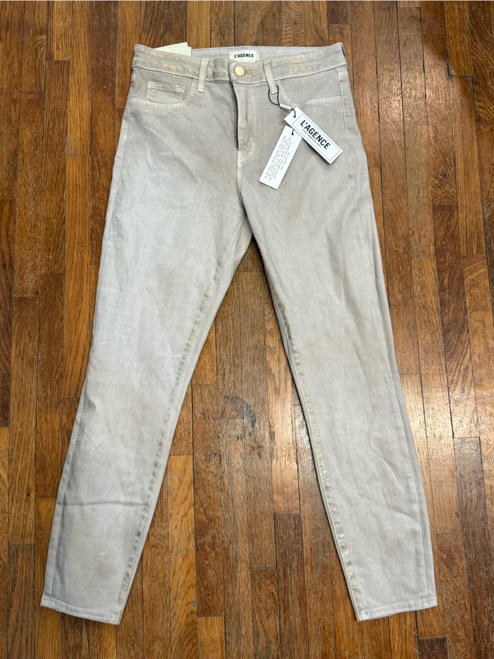 L'AGENCE Margot High-Rise Skinny Jeans in Biscuit Gold Glitter Coated NWT